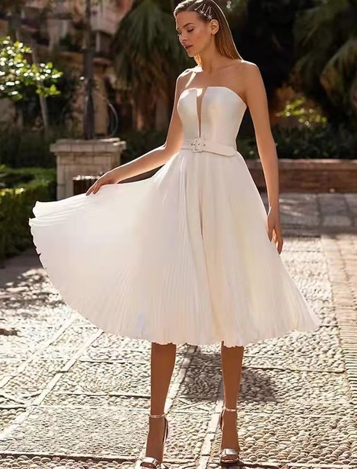 White Bridal Shower Little Dresses Wedding Dresses Tea Length A-Line Sleeveless Strapless