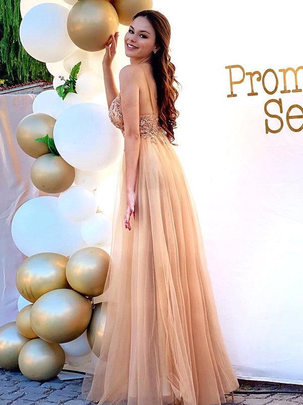 A-Line/Princess Spaghetti Straps Sleeveless Beading Floor-Length Dresses