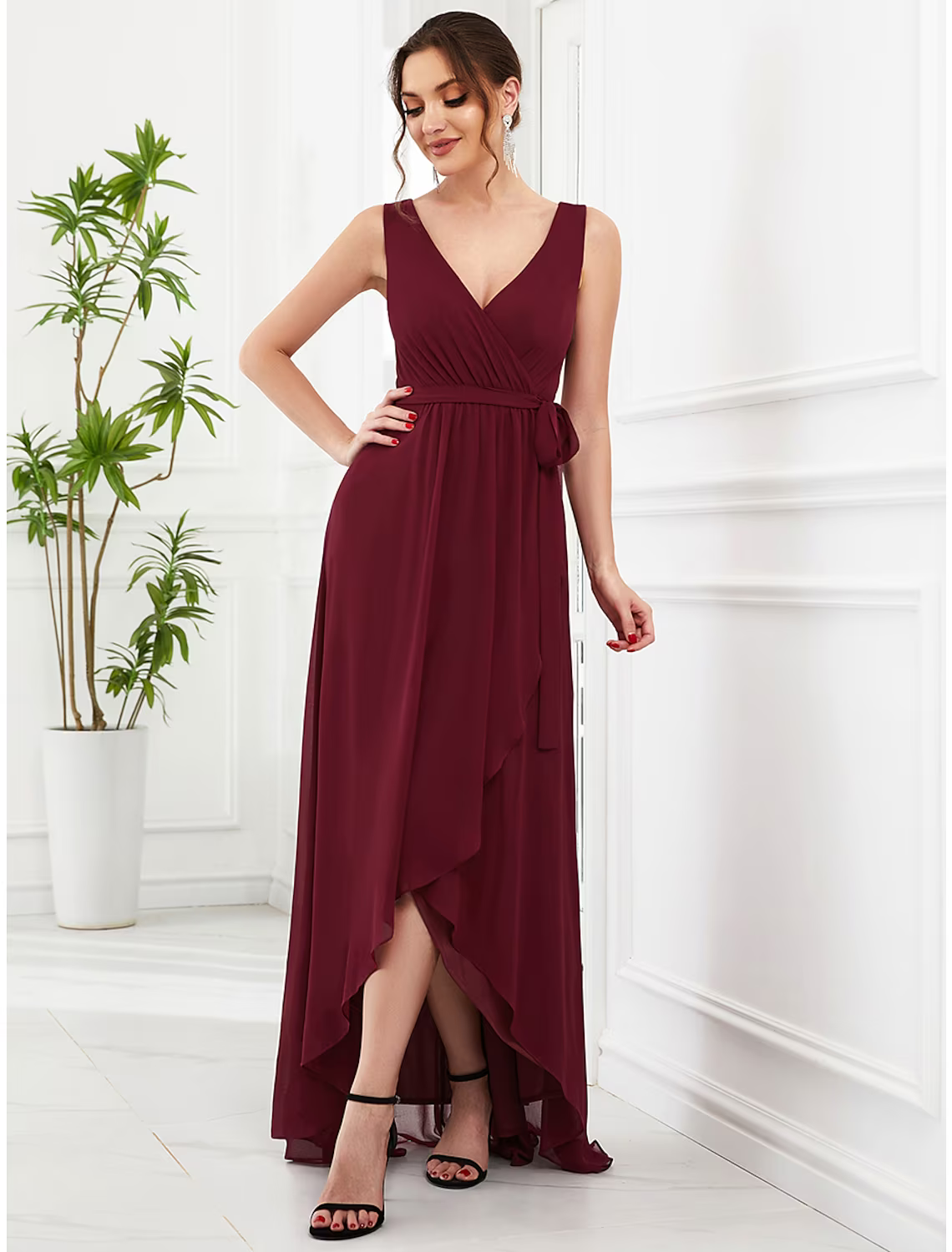 Wedding Guest Dresses Elegant Dress Party Wear Asymmetrical Sleeveless V Neck with Ruffles Strappy