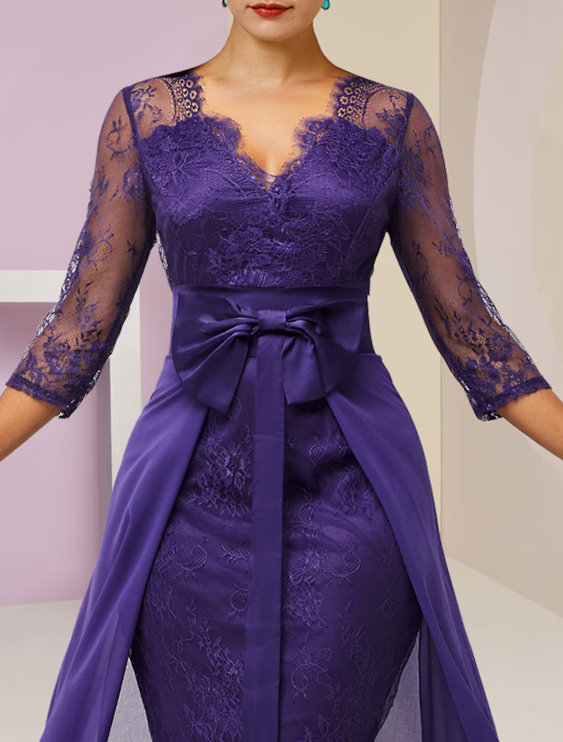 Two Piece Mother of the Bride Dress Formal Wedding Guest Elegant detachable V Neck Knee Length 3/4 Length Sleeve with Bow(s)