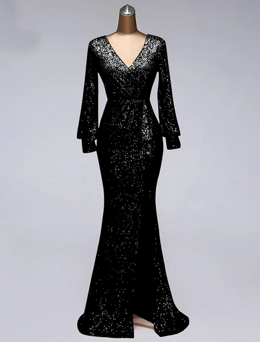 Evening Gown Elegant Dress Wedding Guest Floor Length Long Sleeve V Neck with Slit