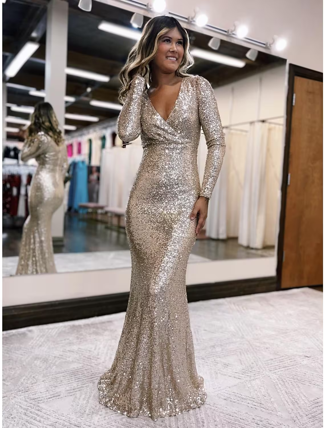 Evening Gown Sexy Dress Formal Floor Length Long Sleeve V Neck