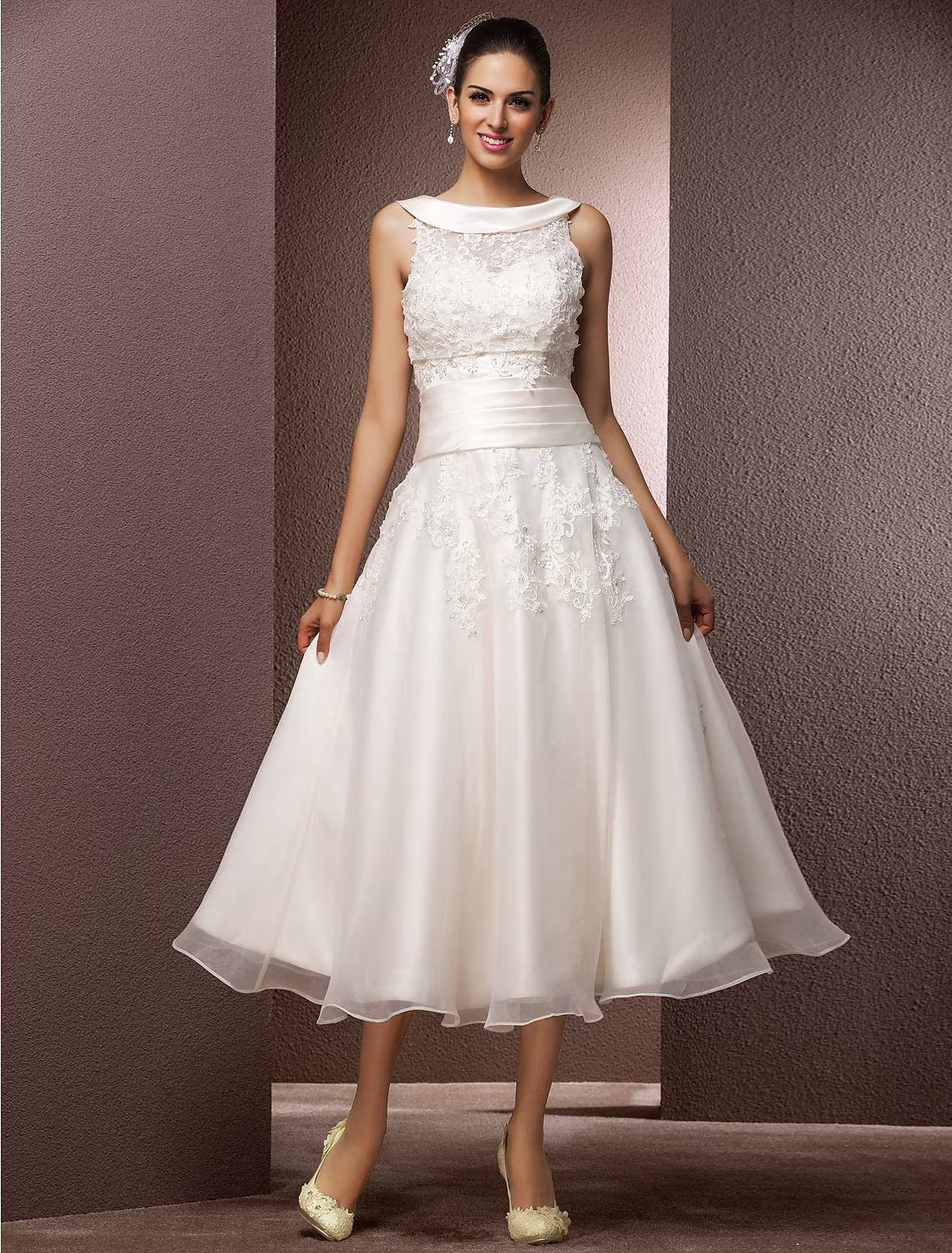 Hall Wedding Dresses Tea Length A-Line Regular Straps Bateau Neck With Pearl Beading