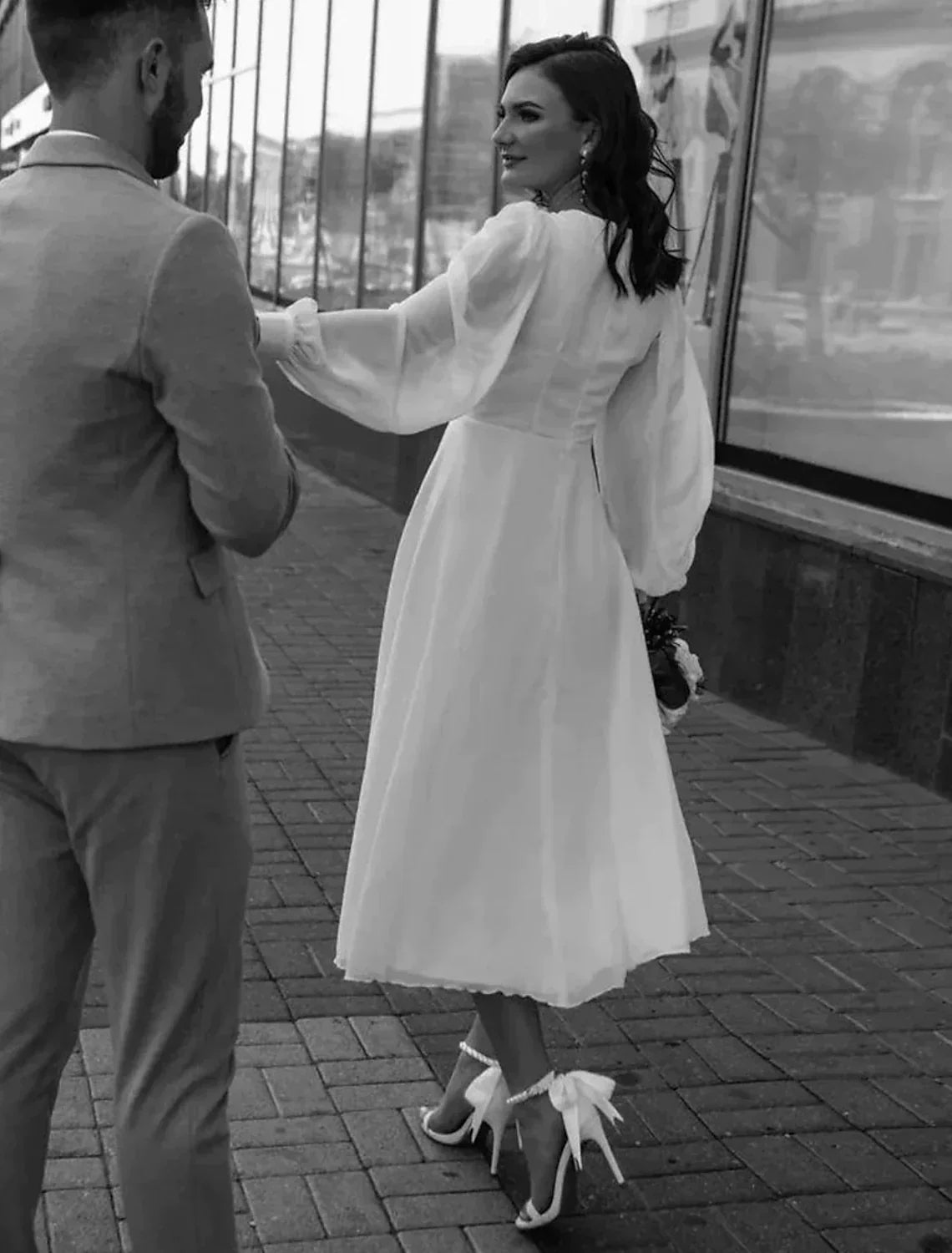 White Reception Little Dresses Wedding Dresses A-Line V Neck Long Sleeve Ankle Length Bridal Gowns With Solid Color