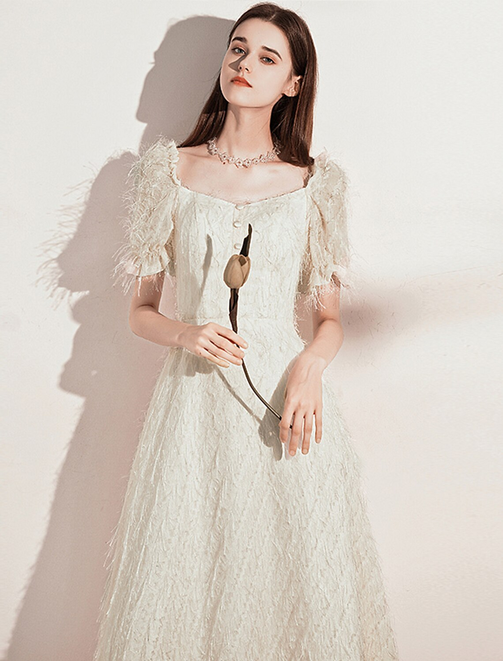 Evening Gown Dress Wedding Guest Floor Length Short Sleeve Scoop Neck with Buttons