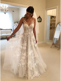 Beach Boho Wedding Dresses Court Train A-Line Sleeveless V Neck With Appliques