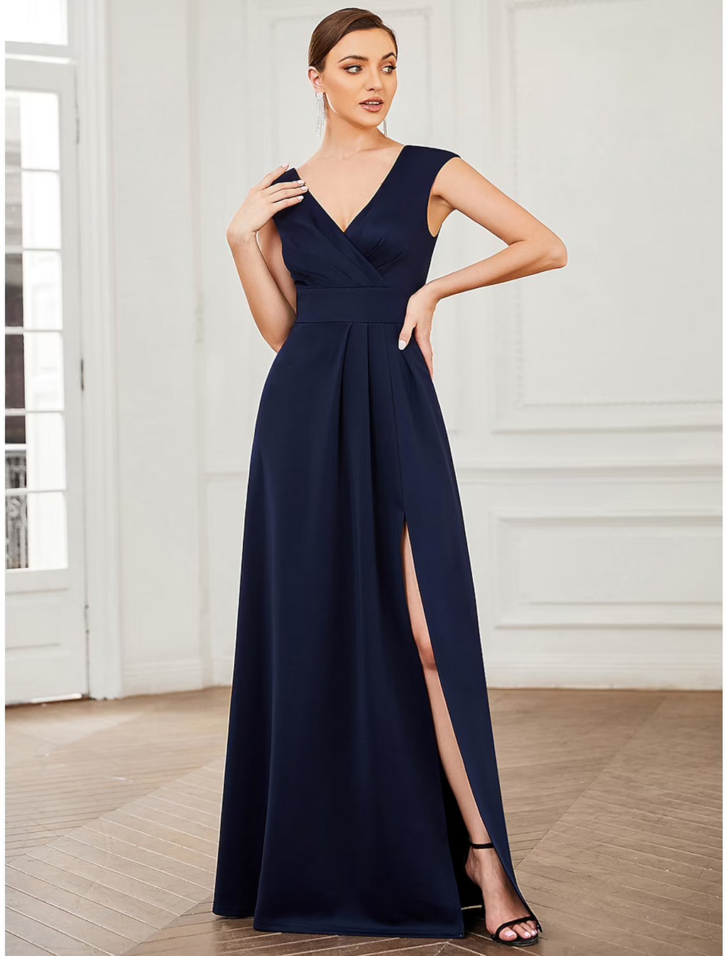 Evening Gown Elegant Dress Formal Floor Length Sleeveless V Neck V Back with Draping Slit