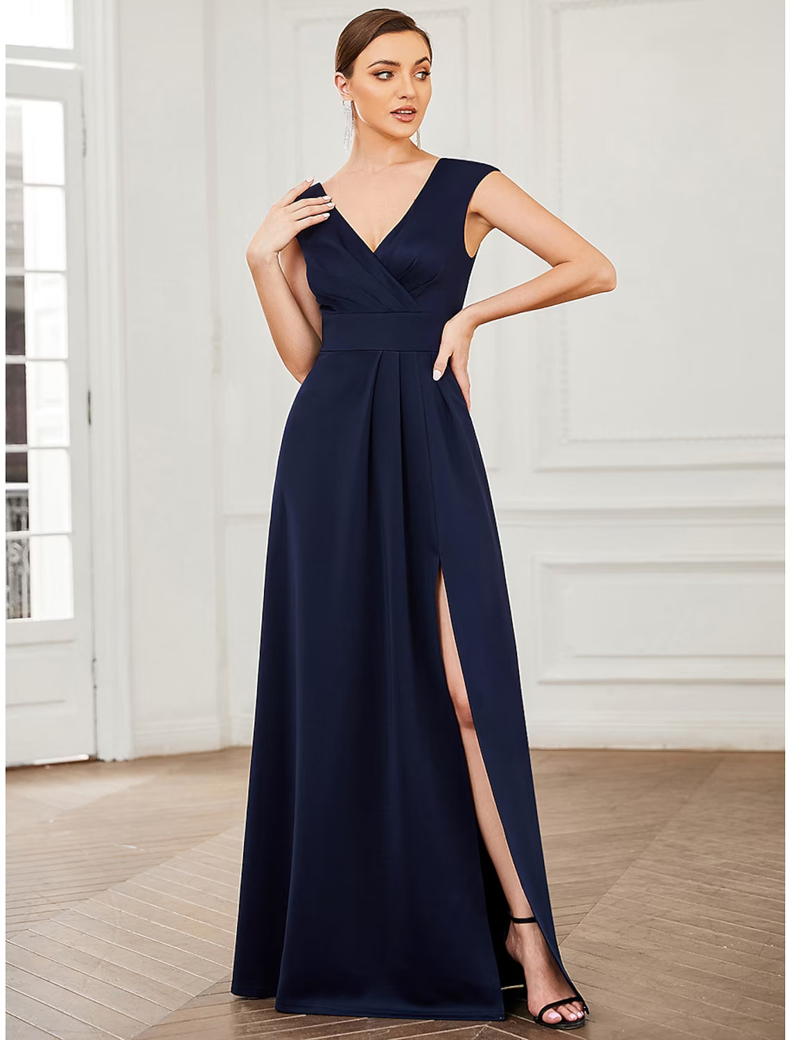 Evening Gown Elegant Dress Formal Floor Length Sleeveless V Neck V Back with Draping Slit