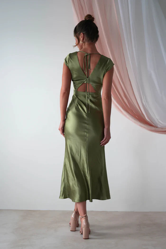 Olive Green Cap-Sleeve V-Neck Tie-Back Satin Midi Prom Dress