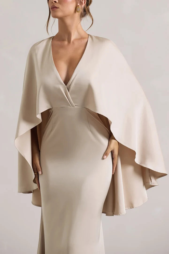 Champagne V-Neck Cape-Sleeve Mermaid Floor-Length Evening Dress