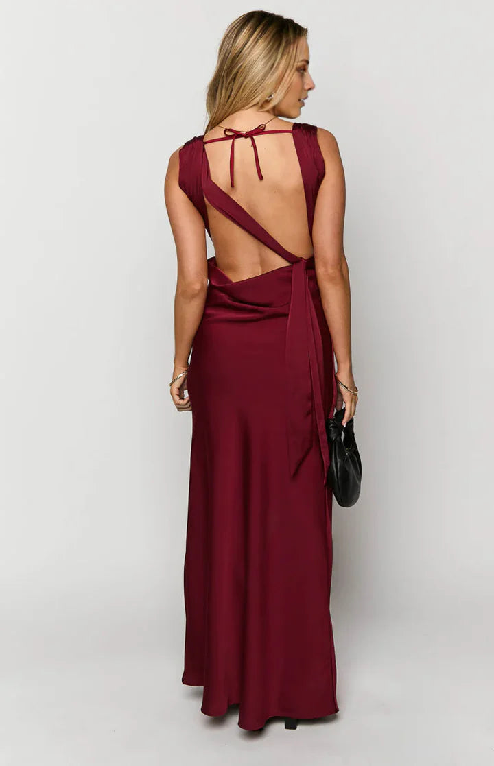 Wine Red Cowl-Neck Open-Back Satin Prom Dress