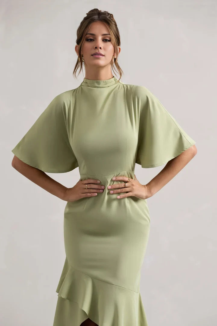 Sage Green High-Neck Cape-Sleeve Asymmetrical Ruffle-Hem Evening Dress