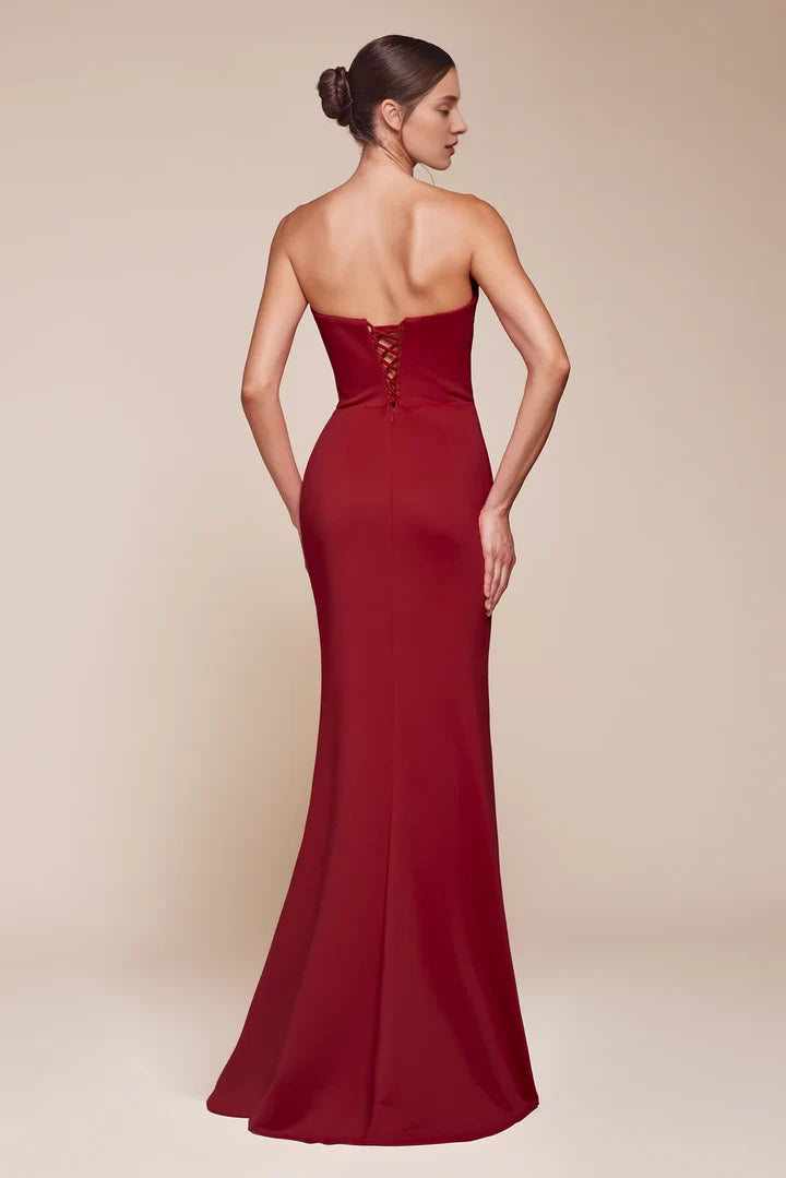 Red Strapless Cowl Neck Lace-Up High-Slit Mermaid Evening Dress