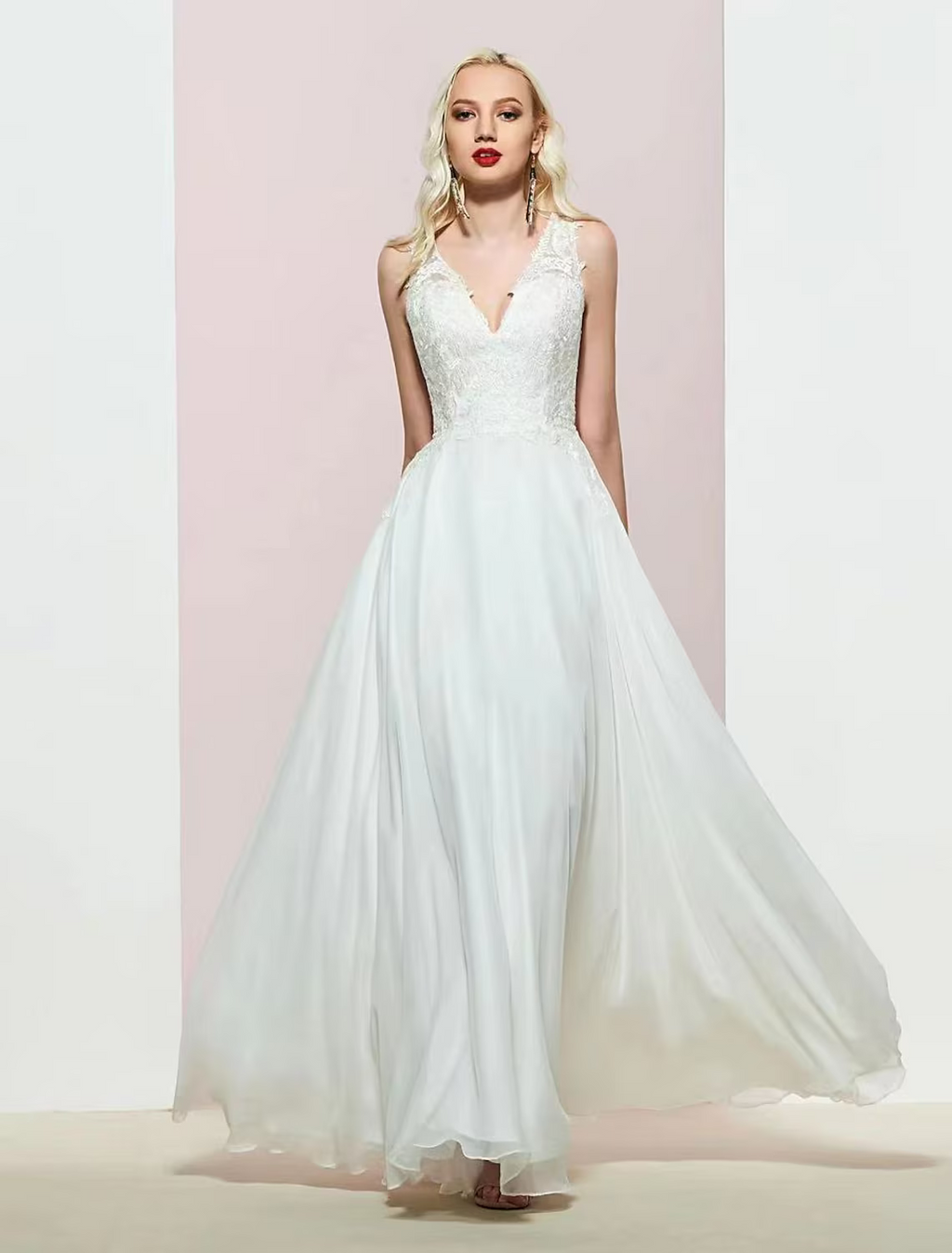 Evening Gown Open Back Dress Wedding Party Floor Length Sleeveless V Neck with Appliques