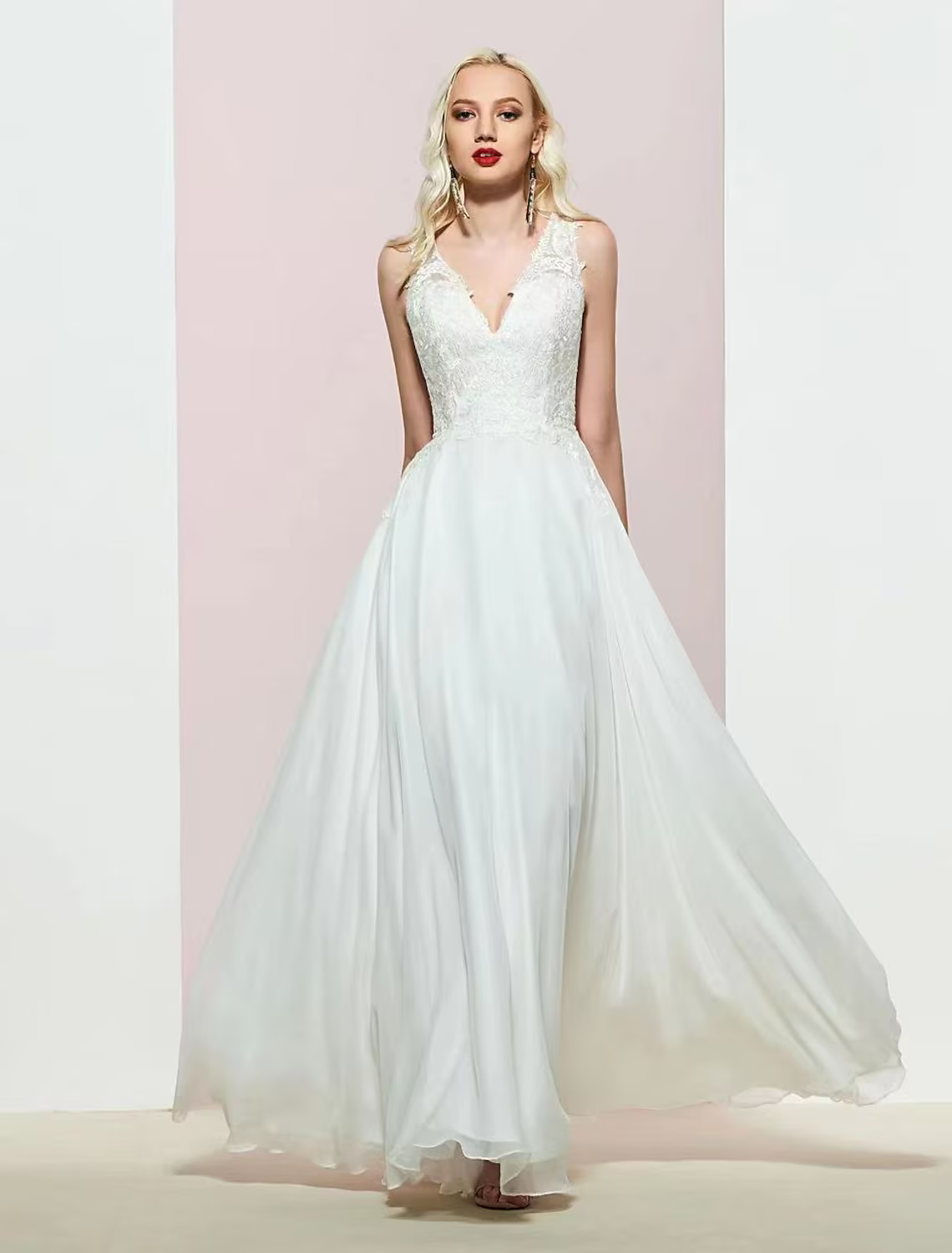 Evening Gown Open Back Dress Wedding Party Floor Length Sleeveless V Neck with Appliques