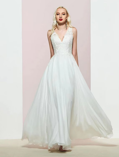 Elegant Red A-Line V-Neck Sleeveless Open-Back Floor-Length Wedding Dress