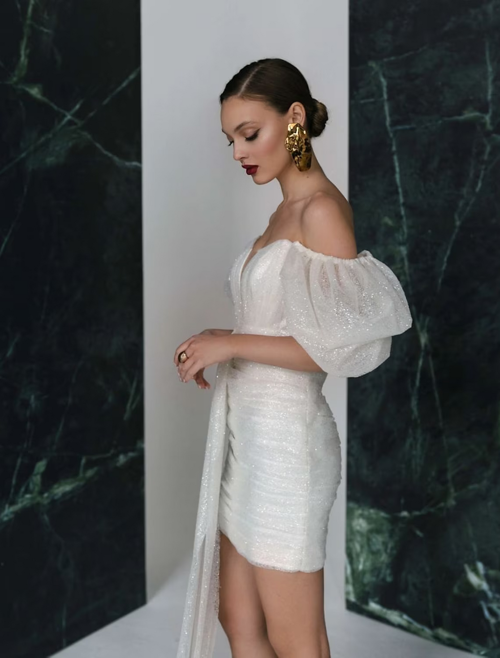 White Bridal Shower Sparkle Shine Little Dresses Wedding Dresses Short Sleeve Square With Ruched