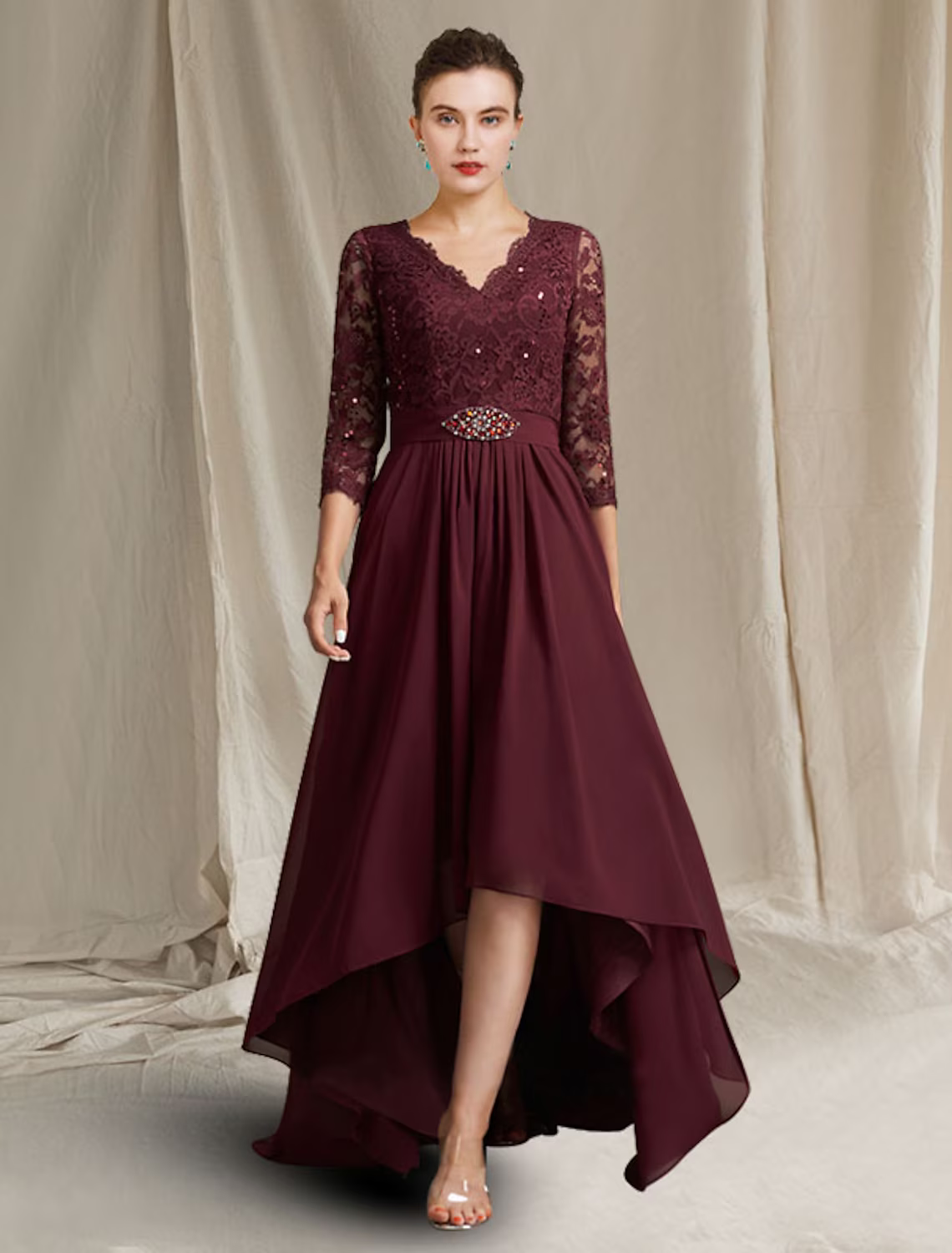 Mother of the Bride Dress Plus Size Elegant High Low V Neck Asymmetrical Floor Length Length Sleeve with Pleats Appliques Crystal Brooch