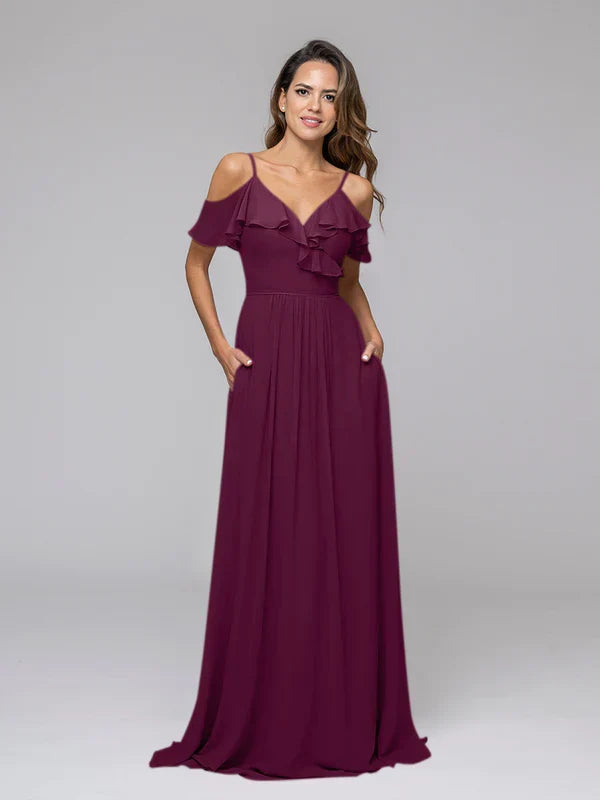 Cold Shoulder Open Back Ruffles Long Bridesmaid Dresses