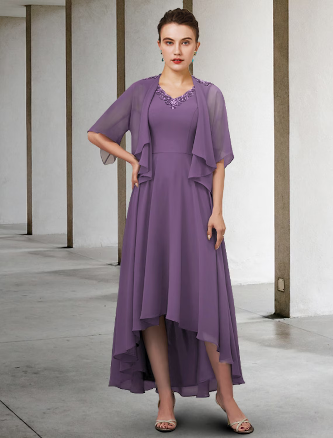 Two Piece A-Line Mother of the Bride Dress Elegant High Low V Neck Asymmetrical Half Sleeve with Pleats