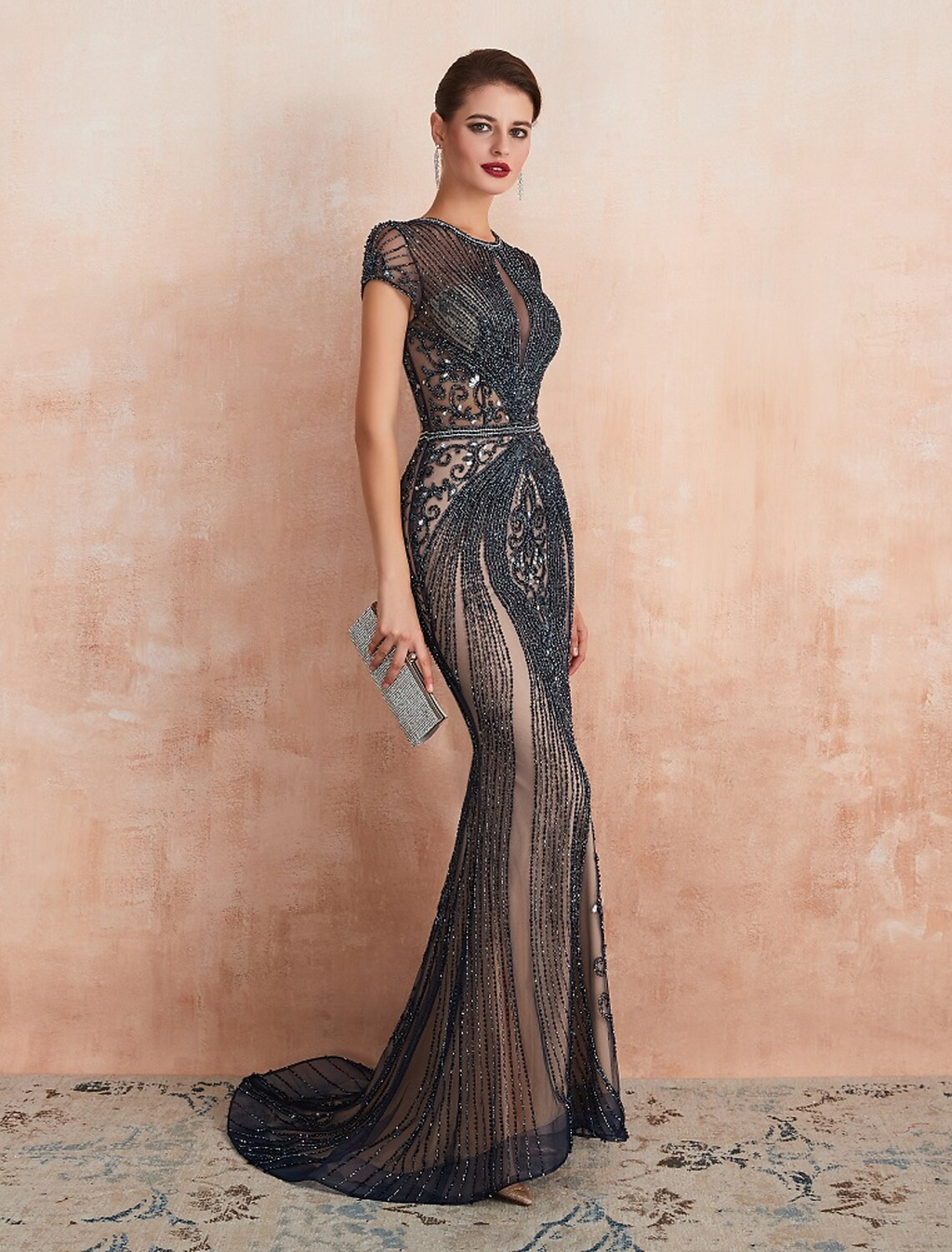 Evening Gown Luxurious Dress Engagement Short Sleeve Jewel Neck with Beading