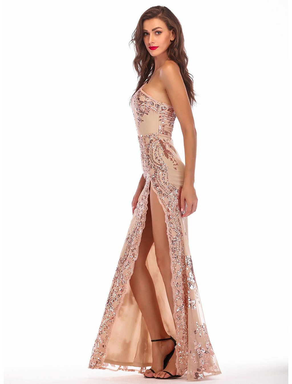 Evening Gown Vintage Dress Holiday Floor Length Sleeveless One Shoulder Blend Backless with Splicing