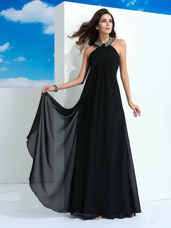 Elegant A-line Halter Sleeveless Open Back Floor Length Evening Dress