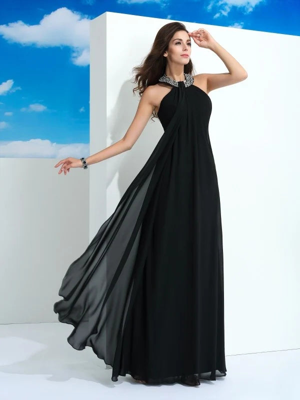 Elegant A-line Halter Sleeveless Open Back Floor Length Evening Dress