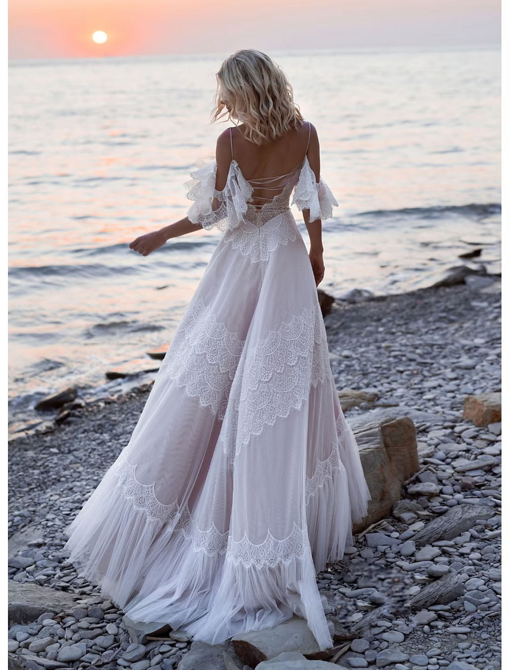 Beach Open Back Wedding Dresses Train A-Line Short Sleeve V Neck
