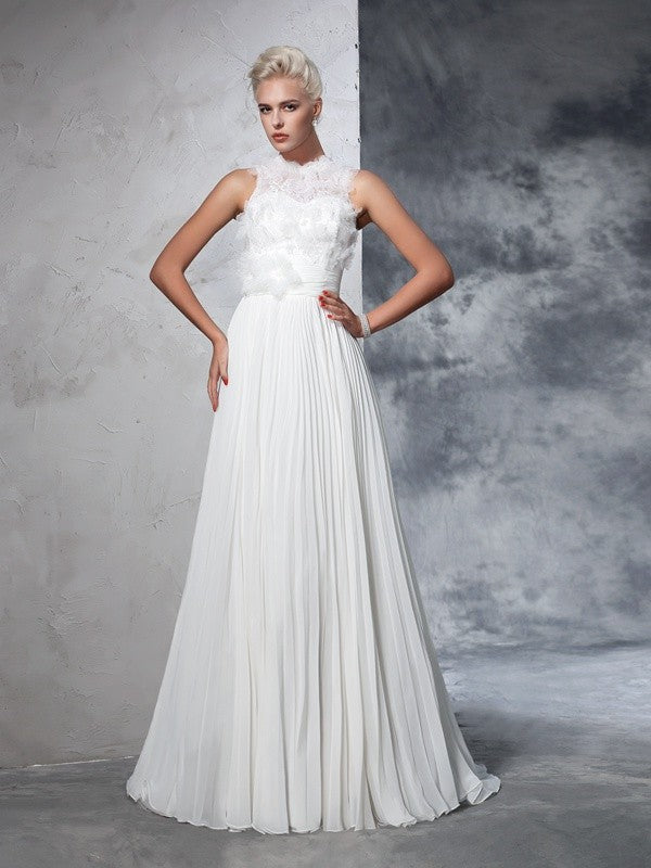 A-Line/Princess High Neck Pleats Sleeveless Long Wedding Dresses