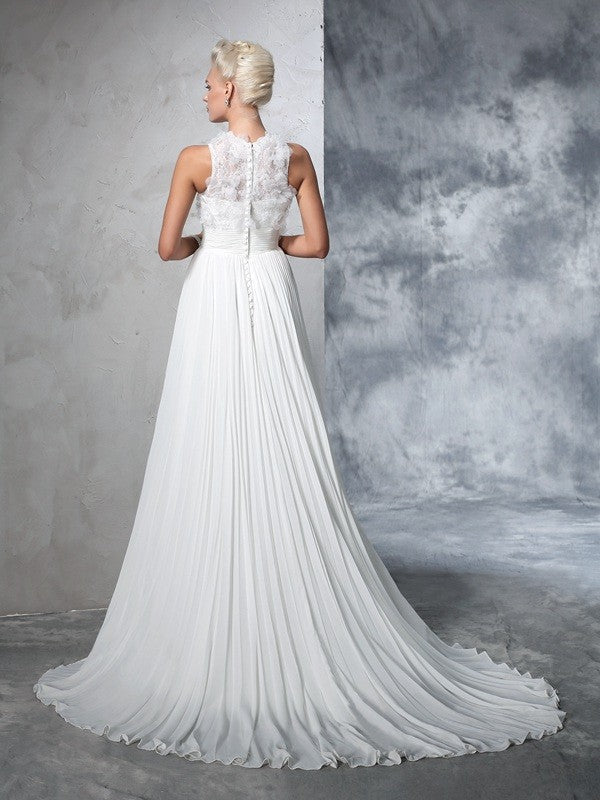 A-Line/Princess High Neck Pleats Sleeveless Long Wedding Dresses