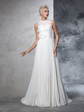 A-Line/Princess High Neck Pleats Sleeveless Long Wedding Dresses