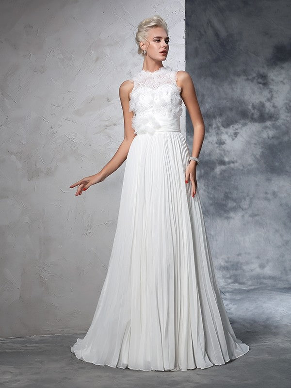 A-Line/Princess High Neck Pleats Sleeveless Long Wedding Dresses