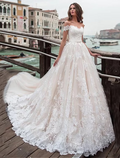Engagement Formal Wedding Dresses Chapel Train Ball Gown Short Sleeve Off Shoulder With Appliques