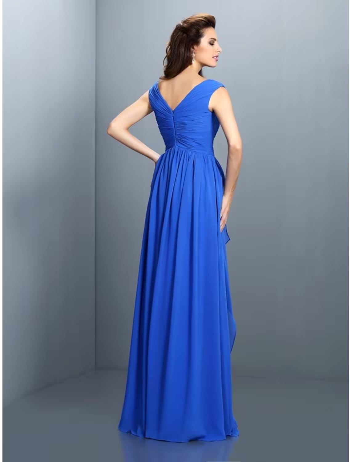 Evening Gown Sparkle & Shine Dress Wedding Guest Floor Length Sleeveless V Neck with Rhinestone Ruched