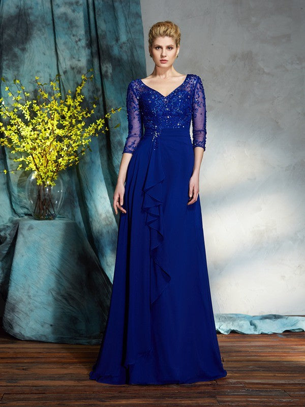 A-Line/Princess V-neck 3/4 Sleeves Long Mother of the Bride Dresses