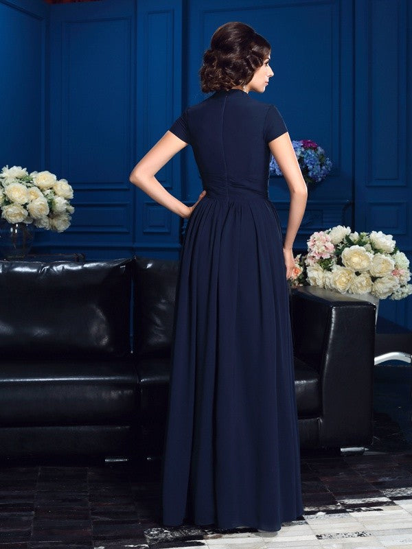 A-Line/Princess V-neck Applique Short Sleeves Long Mother of the Bride Dresses