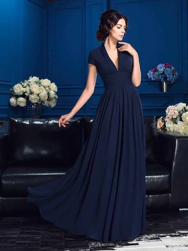 A-Line/Princess V-neck Applique Short Sleeves Long Mother of the Bride Dresses