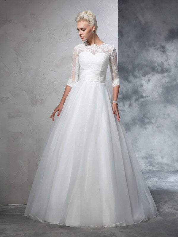 Ball Gown Jewel Applique 3/4 Sleeves Long Wedding Dresses