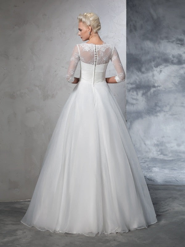 Ball Gown Jewel Applique 3/4 Sleeves Long Wedding Dresses