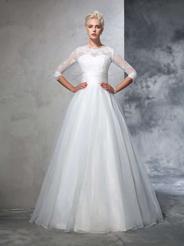 Ball Gown Jewel Applique 3/4 Sleeves Long Wedding Dresses
