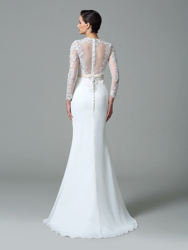 Trumpet/Mermaid Jewel Long Sleeves Long Wedding Dresses