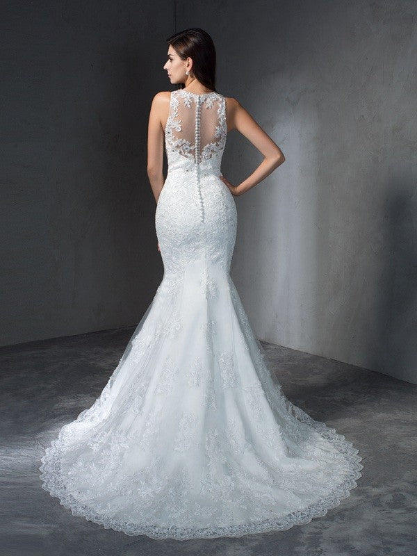 Trumpet/Mermaid Scoop Applique Sleeveless Long Wedding Dresses