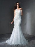 Trumpet/Mermaid Scoop Applique Sleeveless Long Wedding Dresses