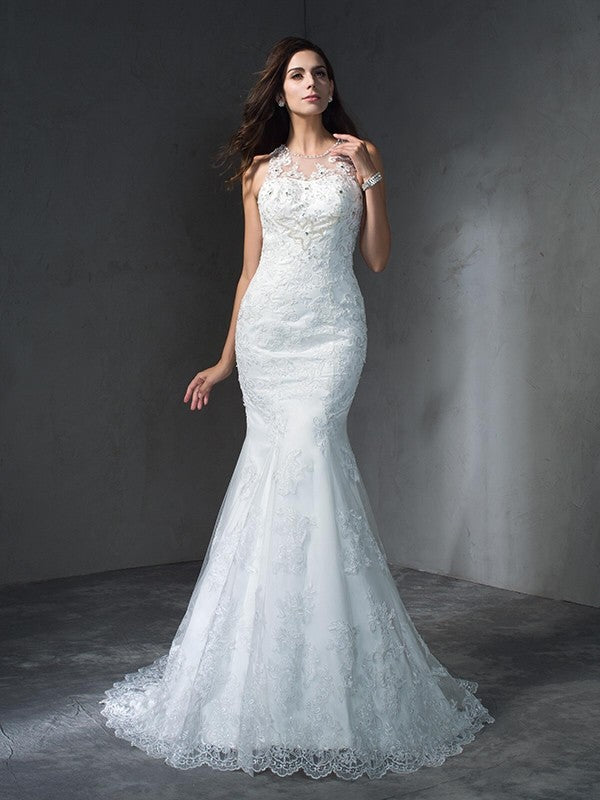 Trumpet/Mermaid Scoop Applique Sleeveless Long Wedding Dresses