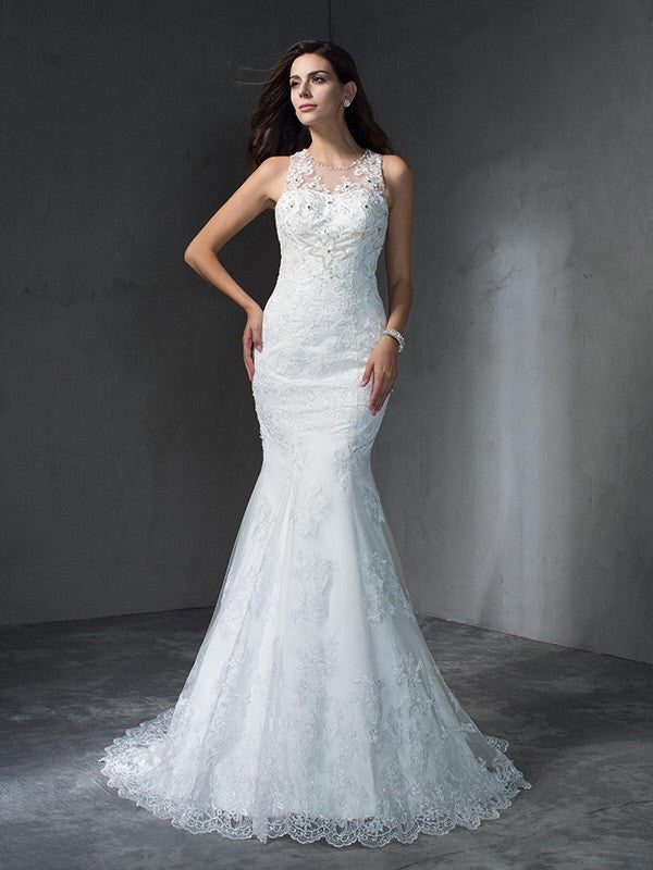 Trumpet/Mermaid Scoop Applique Sleeveless Long Wedding Dresses