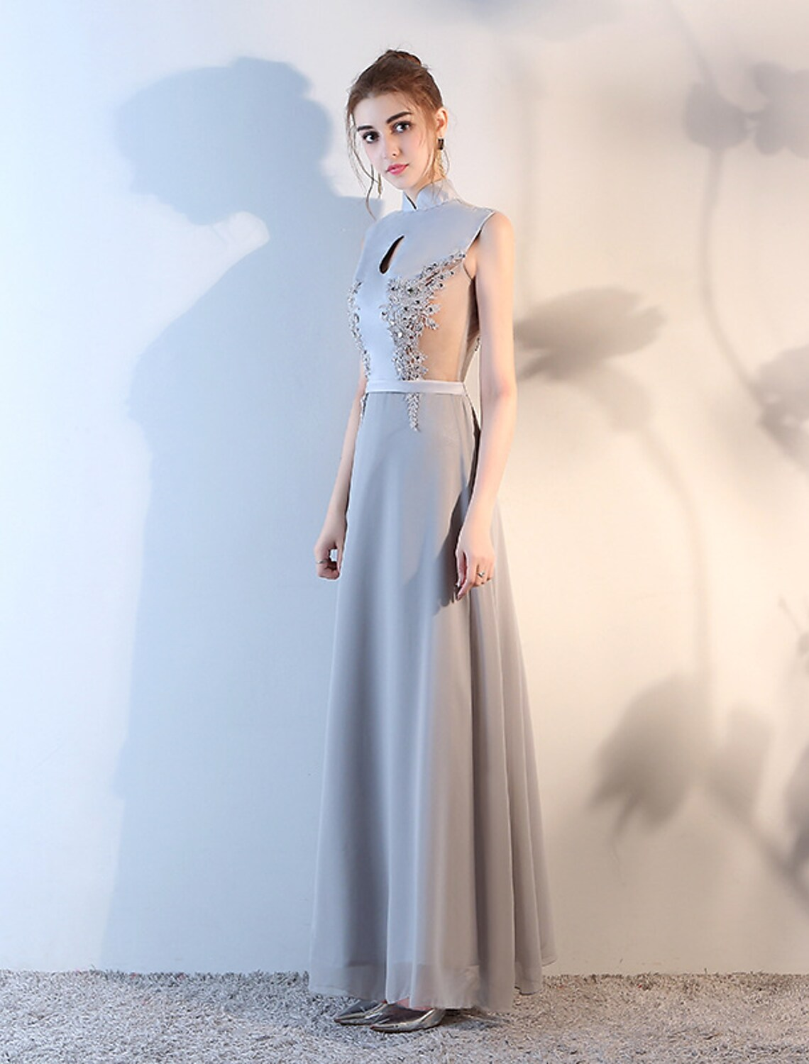 Evening Gown Beautiful Back Dress Wedding Guest Floor Length Sleeveless High Neck with Applique
