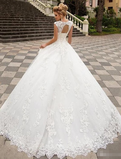 Elegant Red A-Line V-Neck Classic-Sleeve Open-Back Floor-Length Wedding Dress