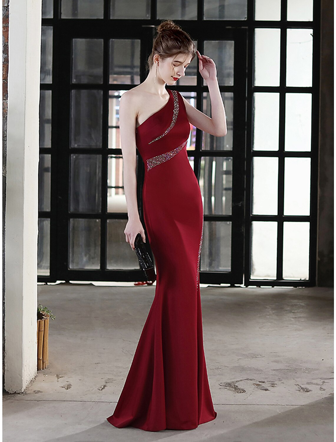 Evening Gown Sexy Dress Wedding Guest Floor Length Sleeveless One Shoulder with Crystals