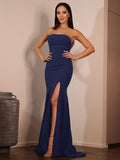 Sheath/Column Ruched Strapless Sleeveless Sweep/Brush Train Dresses